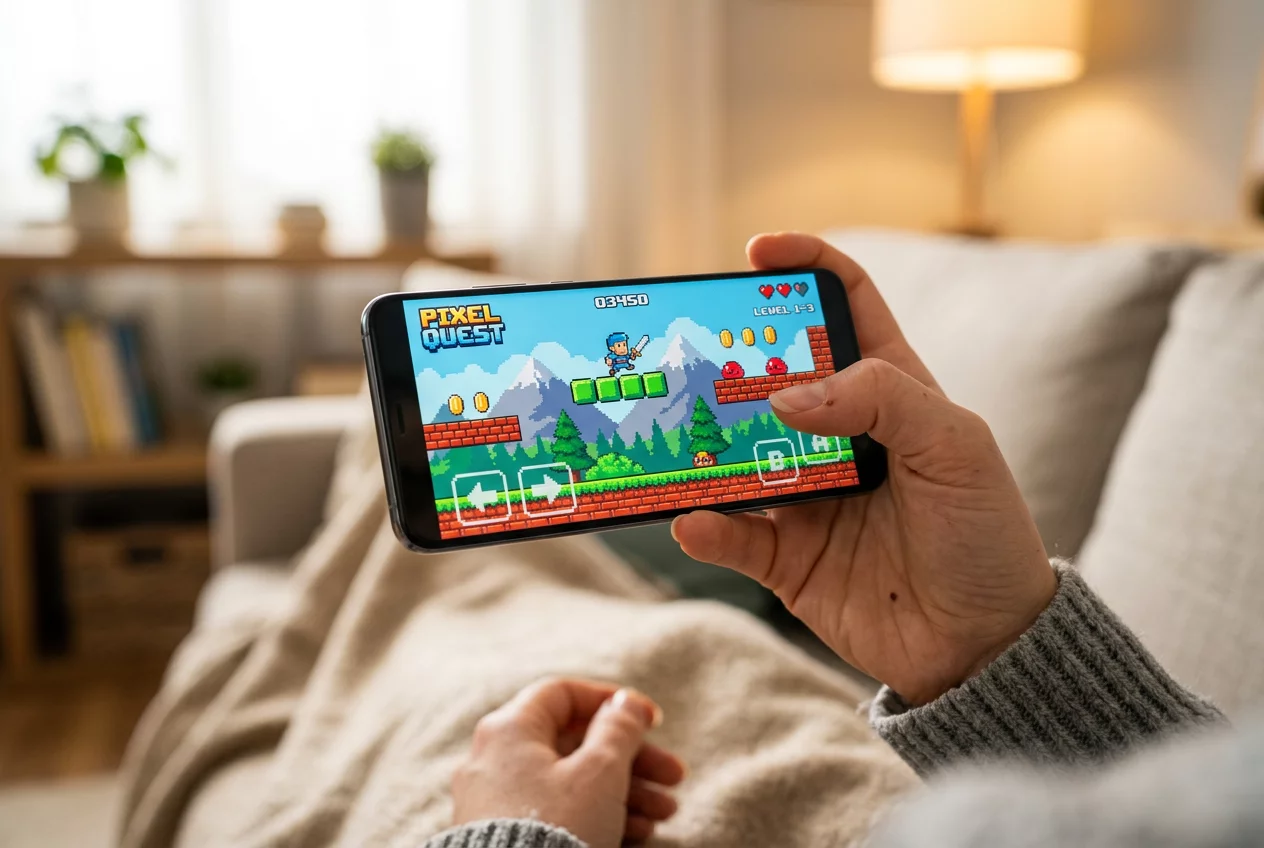 Classic 8-bit game on a modern smartphone screen