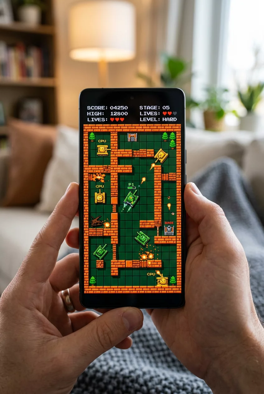 Modern smartphone displaying a classic 8-bit tank game